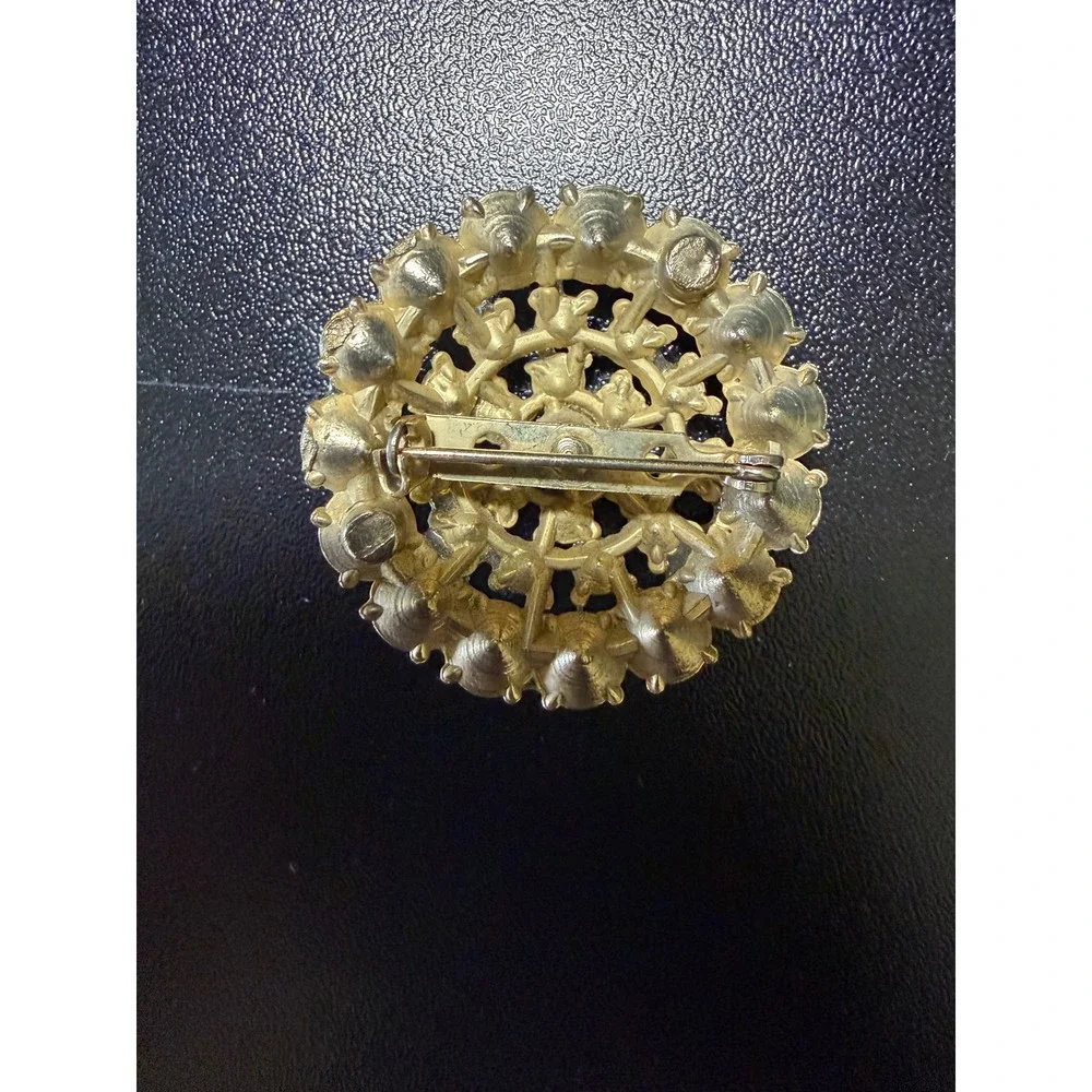 Vintage Gold Tone Clear Rhinestone Round Sunburst Tiered Brooch Pin 1.5 Inch
